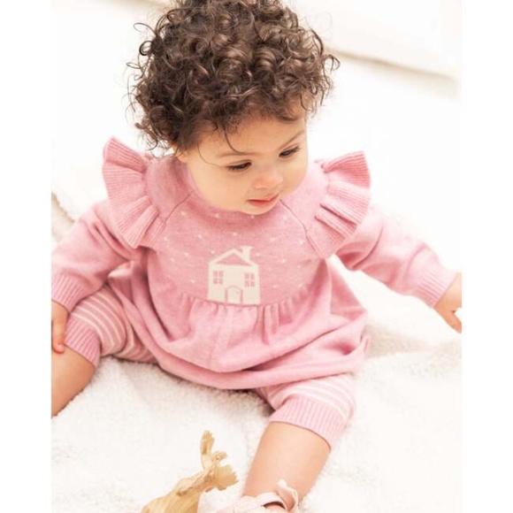 DEUX PAR DEUX House Intarsia Knit Frilled Tunic & Legging Set, Mauve - Picture 2 of 6